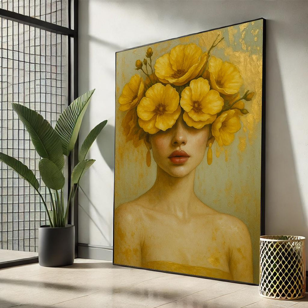 Yellow Floral Woman Canvas Art | Surreal Portrait Painting