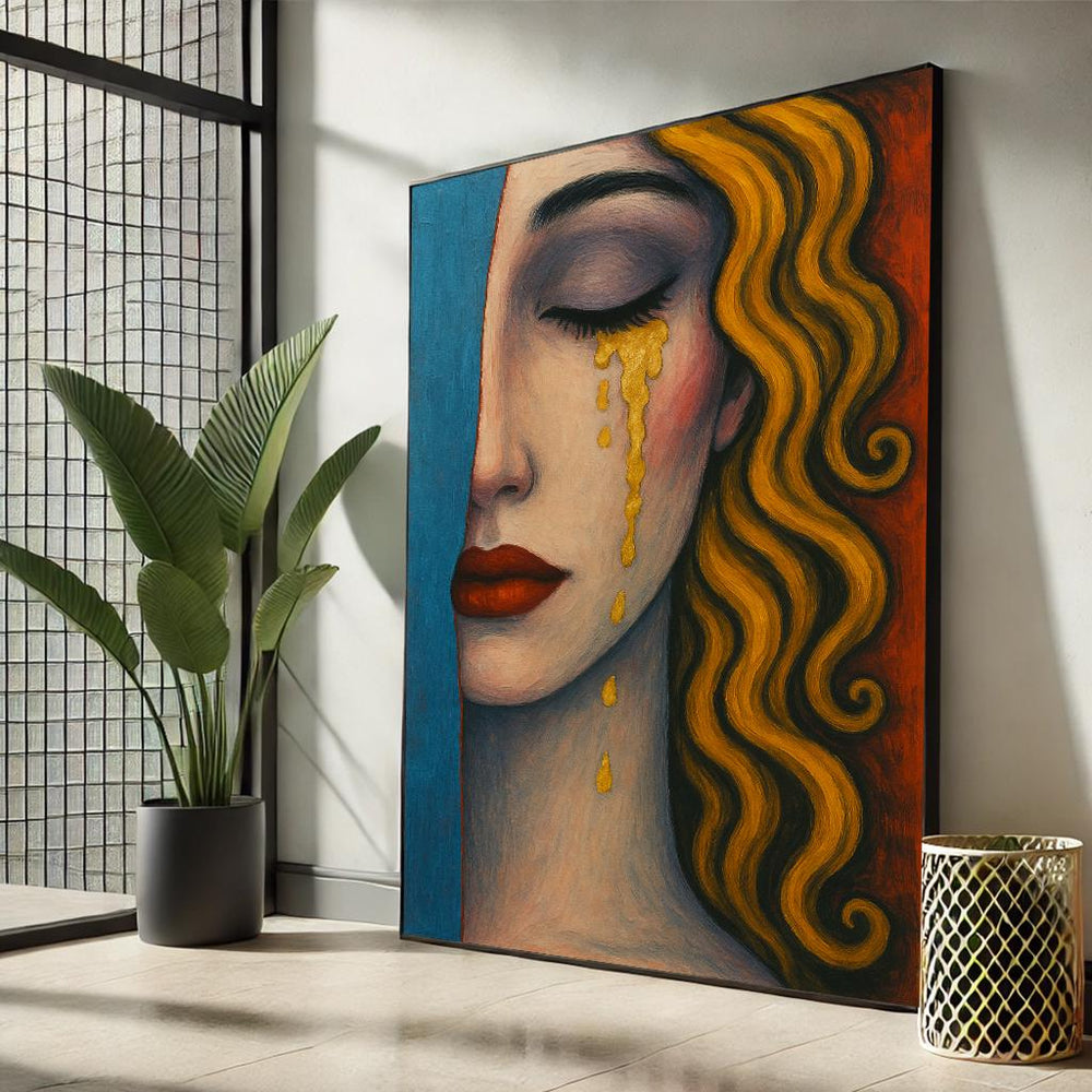 Surreal Woman Canvas Painting | Golden Tears, Blue Portrait Art