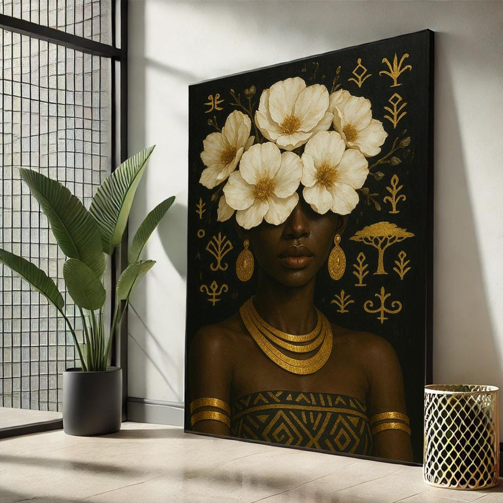 Black African Woman Floral Canvas Art | Luxe Ethnic Decor