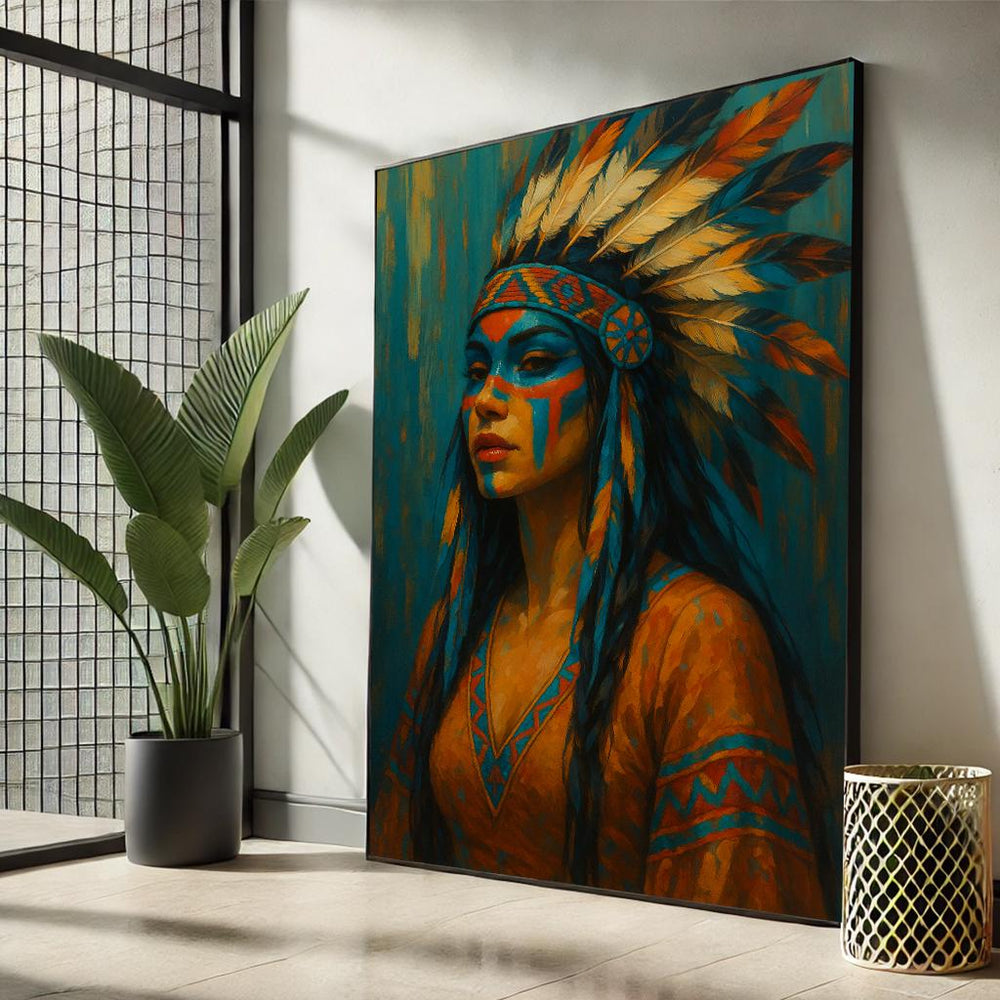 Vibrant Tribal Native American Woman Canvas Art | Bold Native Portrait Painting – Rustic Home Decor