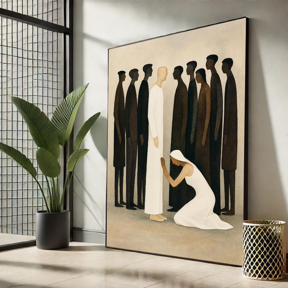 Minimalist Christian Canvas Art | Woman Kneeling Before Savior