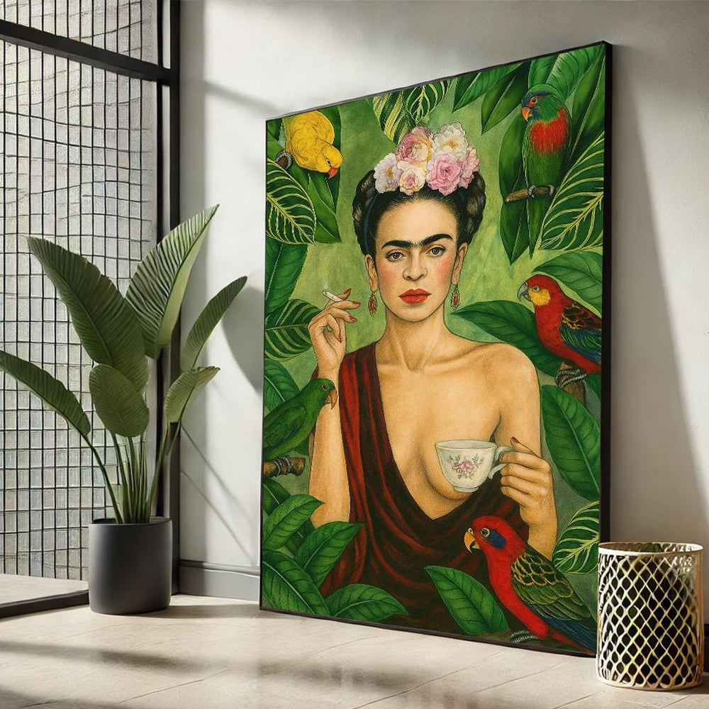 Frida Kahlo Parrot Canvas Art | Vibrant Jungle Print