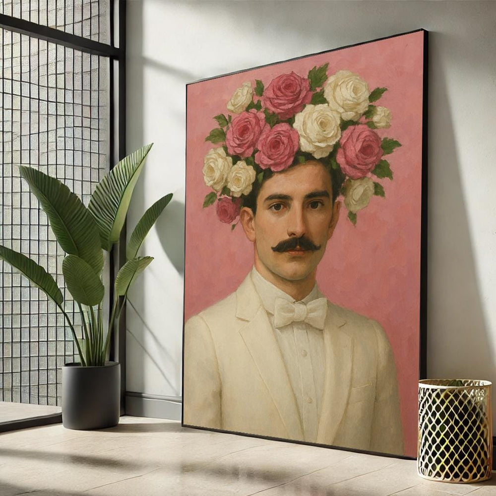 Floral Gentleman Portrait Canvas Art | Whimsical Retro Wall Decor