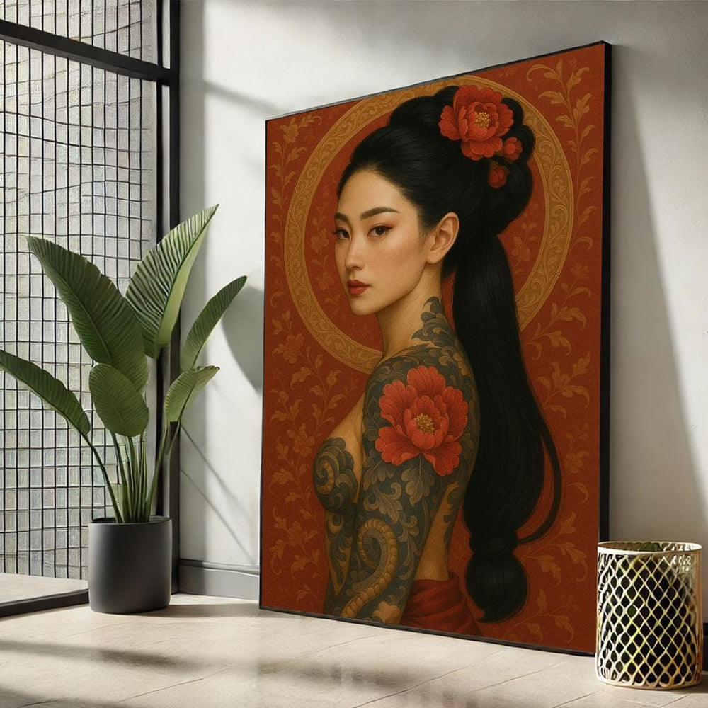 Japanese Geisha Canvas Art | Vintage Tattoo Floral Design