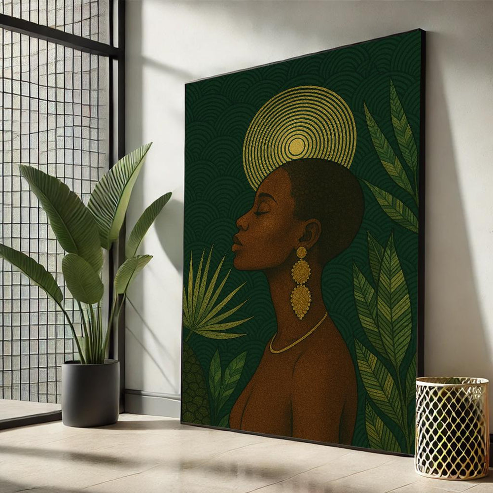 African Woman Canvas Art | Green and Gold Textured Portrait