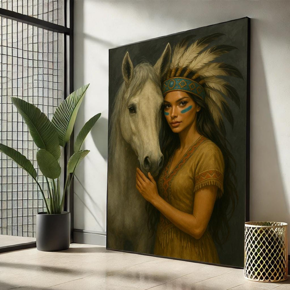 Native American Woman with Horse Canvas Art | Cultural Home Decor
