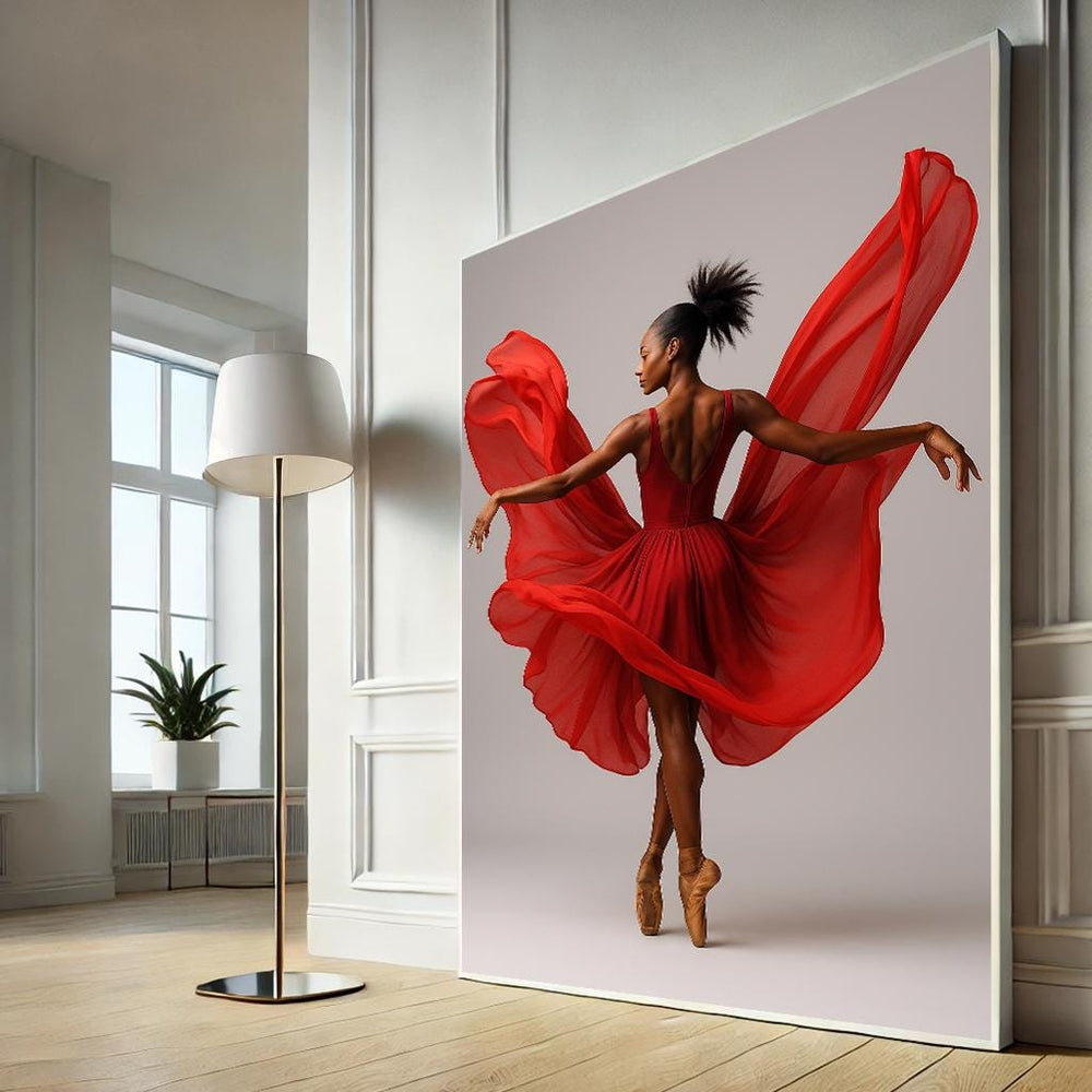 Black Ballerina in Red Dress Canvas Print | Modern Wall Art