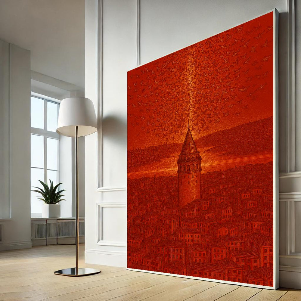 Striking Cityscape Tower Canvas Wall Art Print | Bold Orange Living Room Decor | Statement Piece
