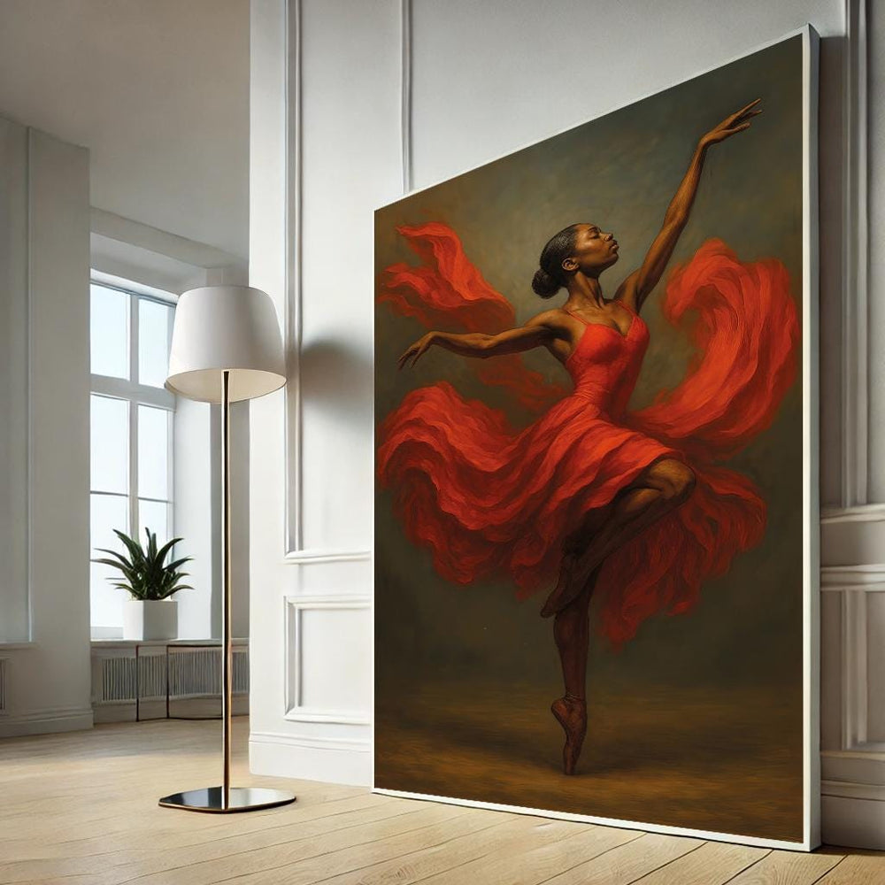 Black Ballerina in Red Dress Canvas Print | Modern Art Statement Piece
