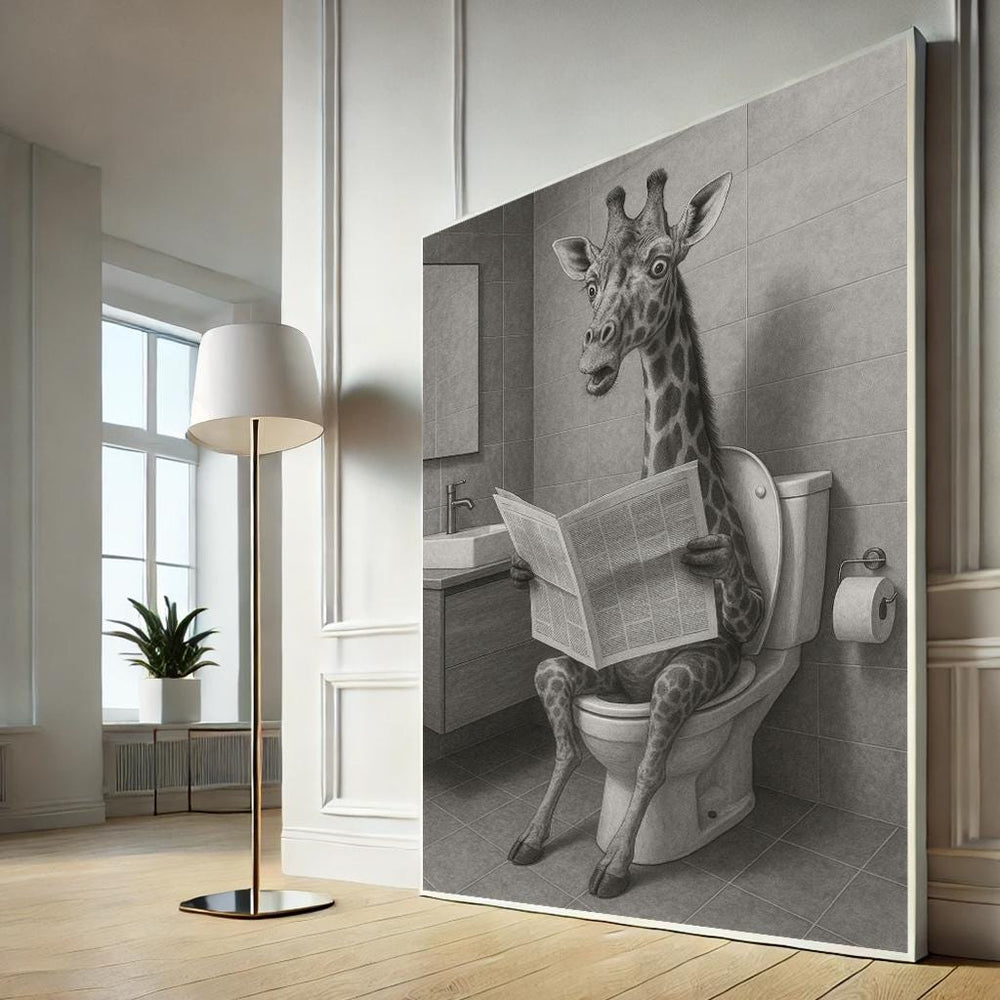 Whimsical Giraffe Bathroom Scene Canvas Wall Art Print | Monochrome Living Room Decor | Statement Piece
