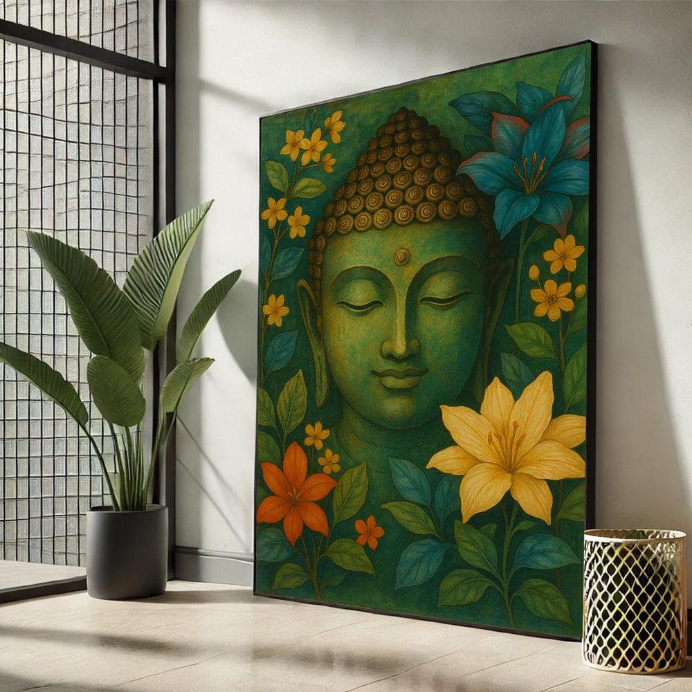 Calming Buddha Floral Canvas Art Print, Green and Yellow Decor