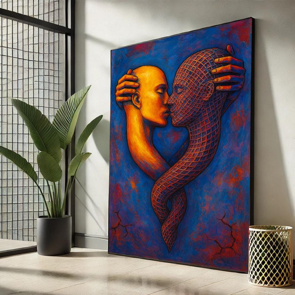 Surreal Embrace Canvas Print, Abstract Love Art, Blue & Orange Decor