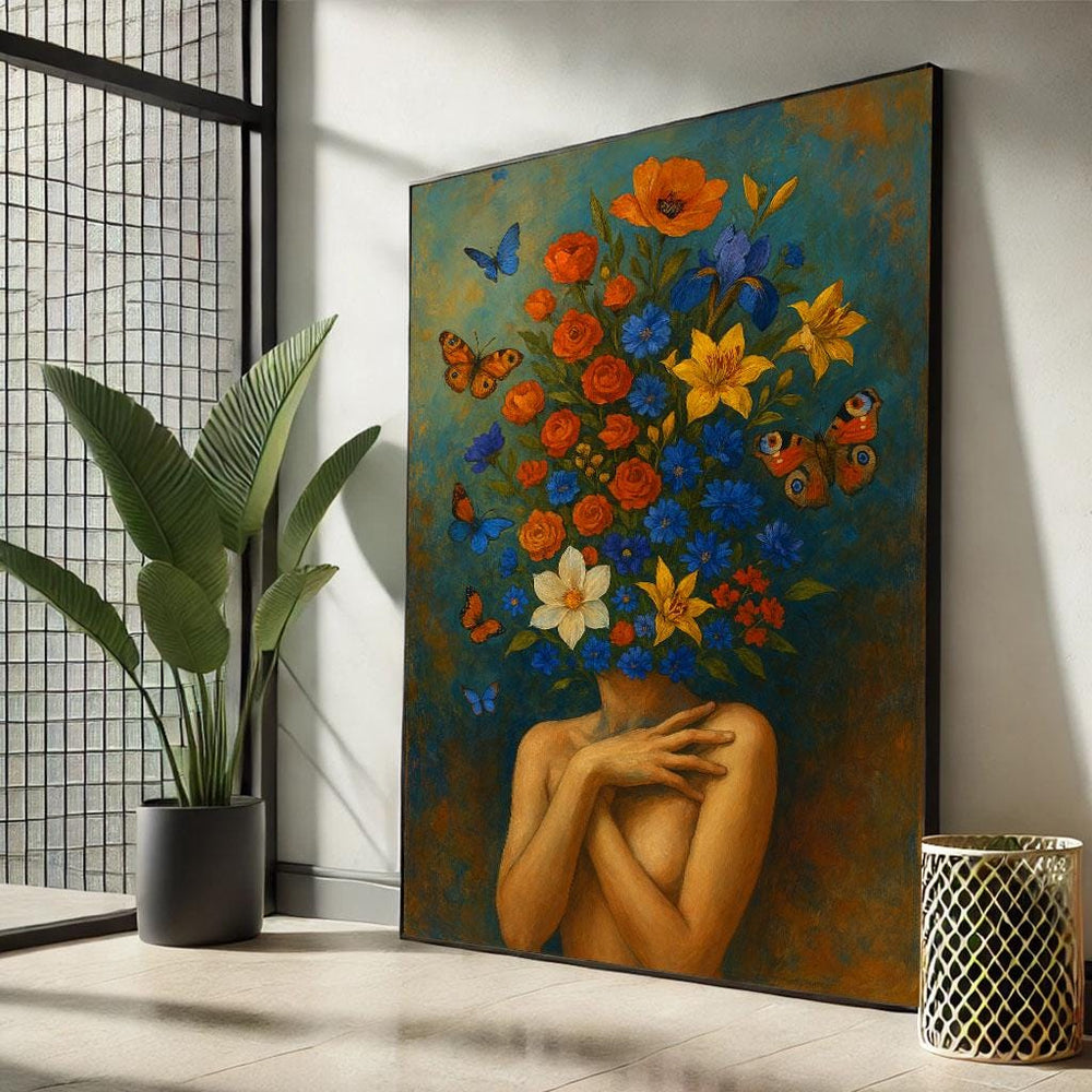Floral Woman Surrealist Canvas Wall Art Print  Vibrant Living Room Decor  Statement Piece