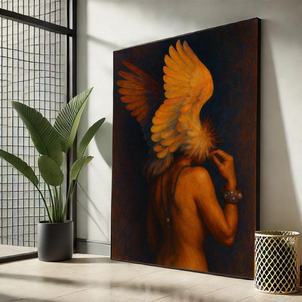 Angel with Golden Wings Canvas Wall Art Print  Elegant Bedroom Wall Decor  Statement Piece