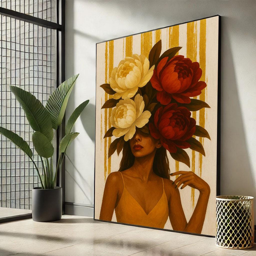 Floral Headdress Woman Canvas Art Print, Boho Bedroom Decor