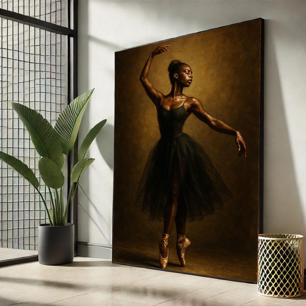 Elegant African Ballerina Canvas Print: Black and Gold Decor