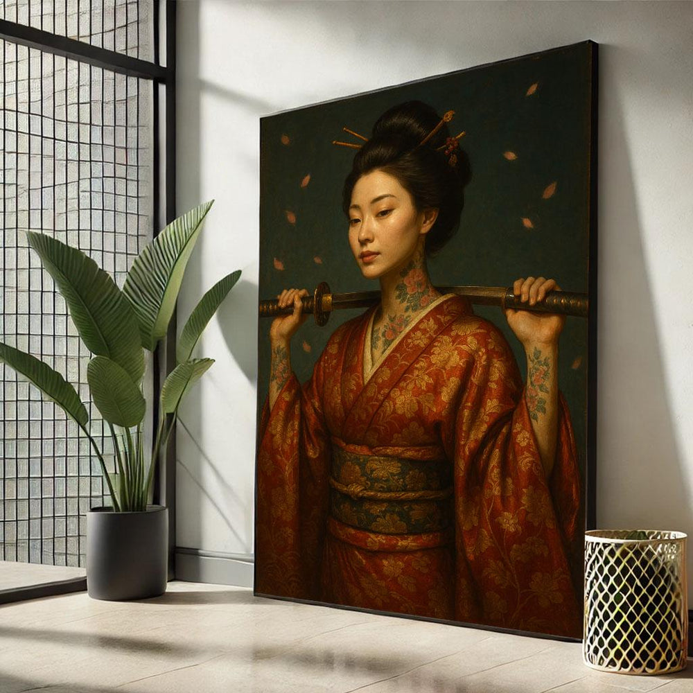 Japanese Geisha Katana Canvas Art Print, Rich Red & Gold Decor