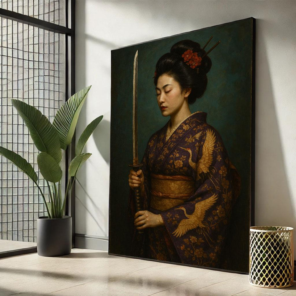 Elegant Samurai Geisha Canvas Wall Art Print  Asian Warrior Bedroom Wall Decor  Luxury Gift