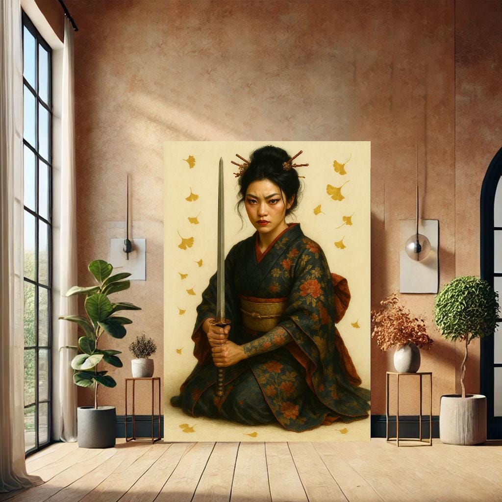 Image 5 of Japanese Samurai Woman Canvas Wall Art Print | Elegant Traditional Bedroom Wall Decor | Statement Piece