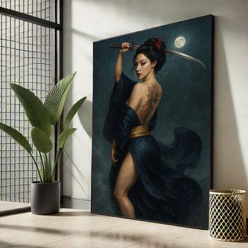 Image 1 of Elegant Warrior Woman with Sword Canvas Wall Art Print | Dark Blue Bedroom Wall Decor | Statement Piece