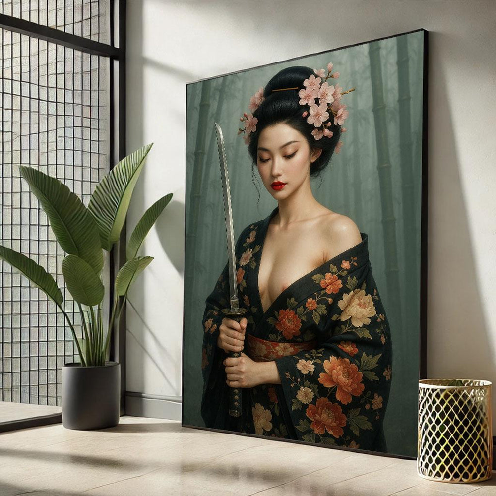 Geisha with Katana Canvas Print, Floral Japanese Wall Art