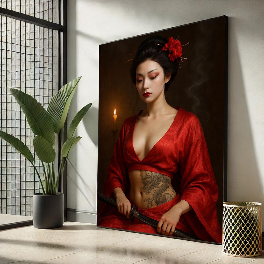 Geisha Samurai Canvas Print: Elegant Red & Black Bedroom Wall Art