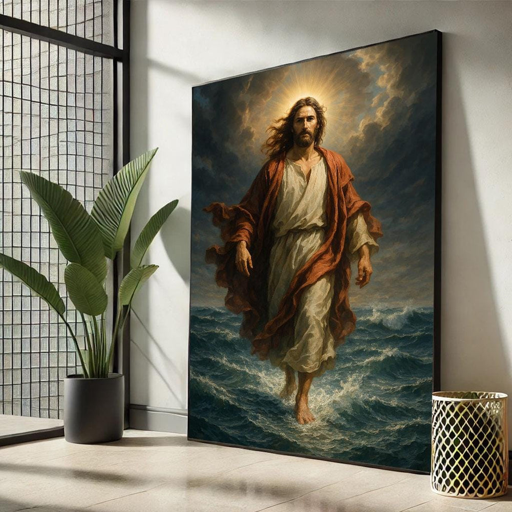 Jesus Walking on Water Canvas Print, Spiritual Wall Art
