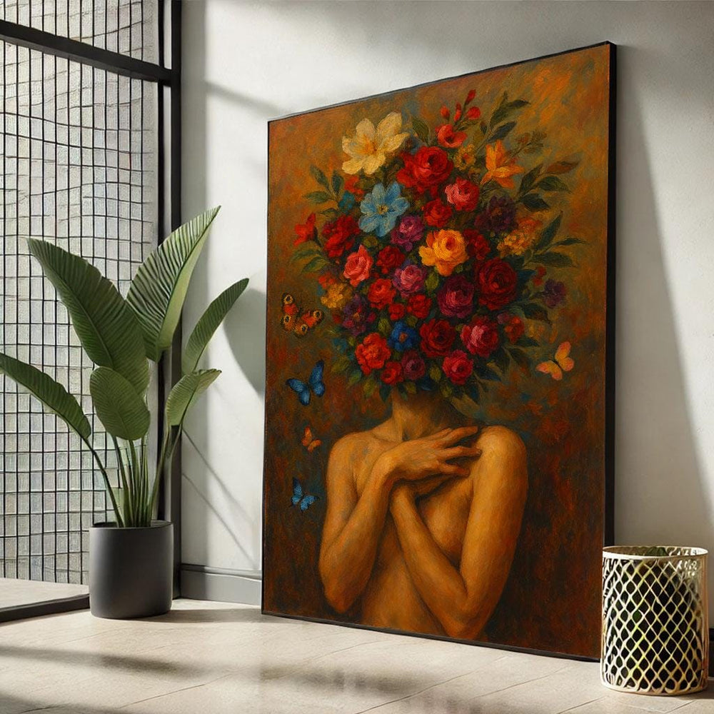 Floral Head Woman Canvas Wall Art Print  Surreal Modern Living Room Decor  Statement Piece