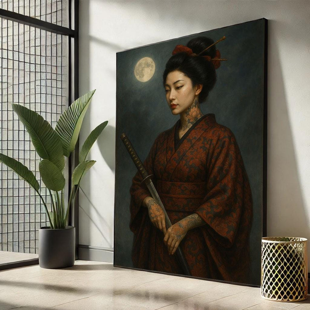 Graceful Geisha Warrior Portrait Canvas Wall Art Print  Oriental Bedroom Wall Decor  Statement Piece