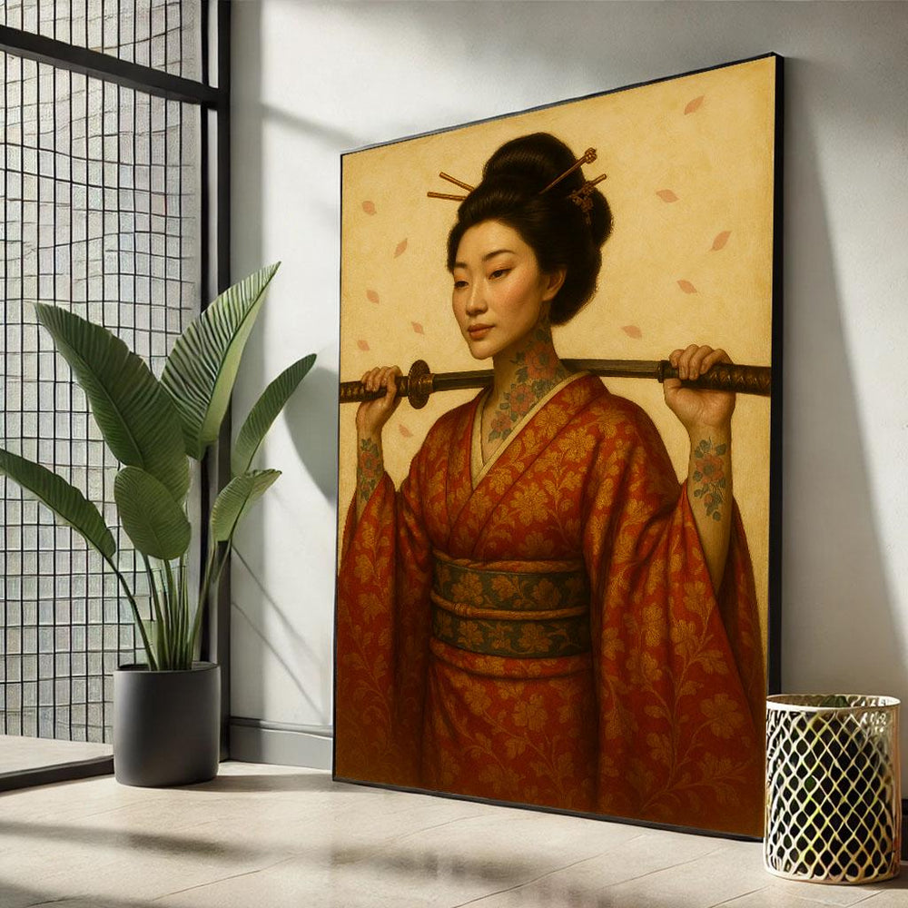 Japanese Geisha Canvas Print, Red Kimono Wall Art