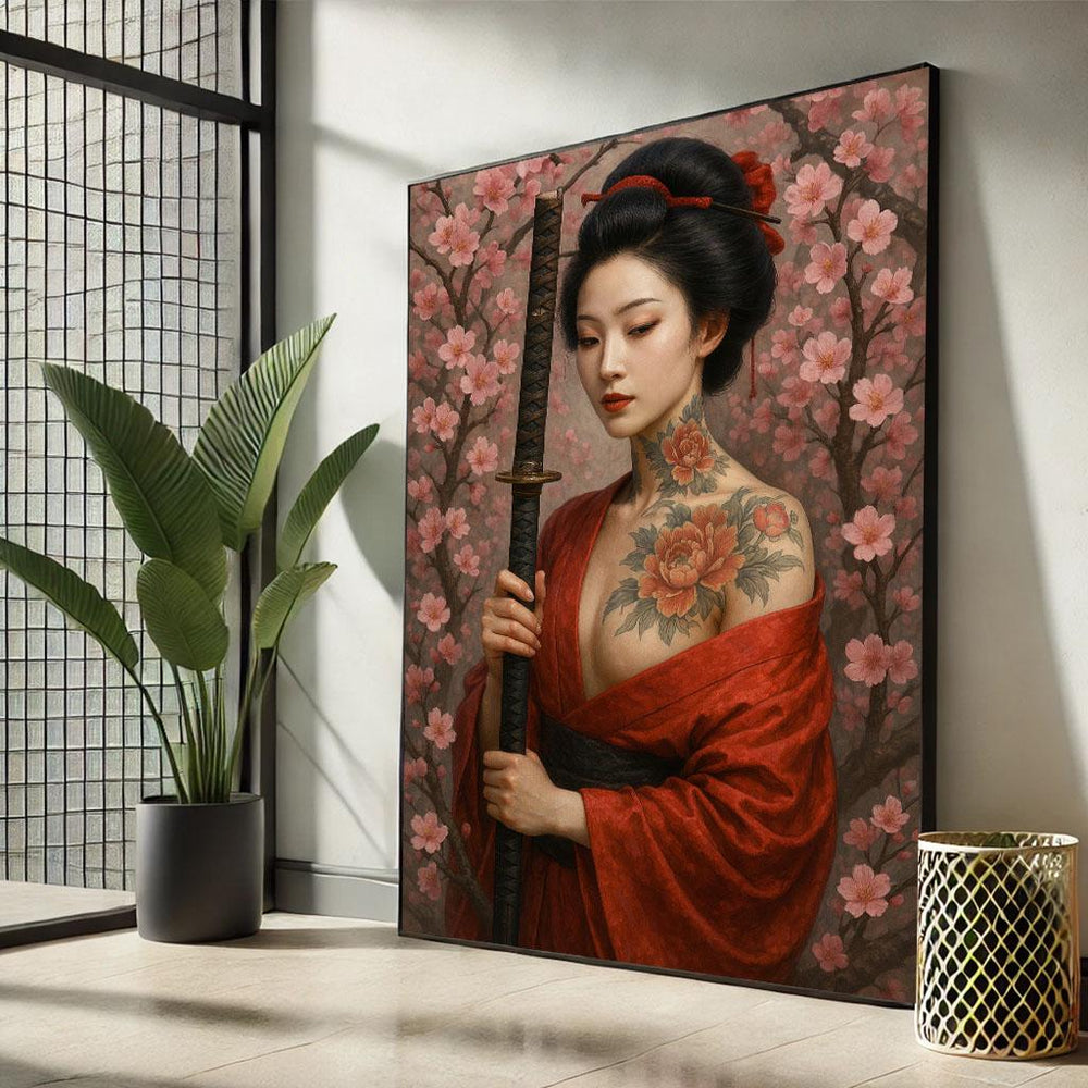 Geisha with Sword Canvas Print, Japanese Wall Art