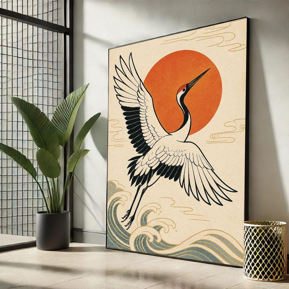 Japanese Crane Canvas Print, Minimalist Oriental Wall Art