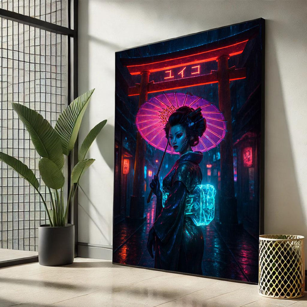 Neon Geisha Canvas Print, Rainy Night Japanese Art, Living Room Decor