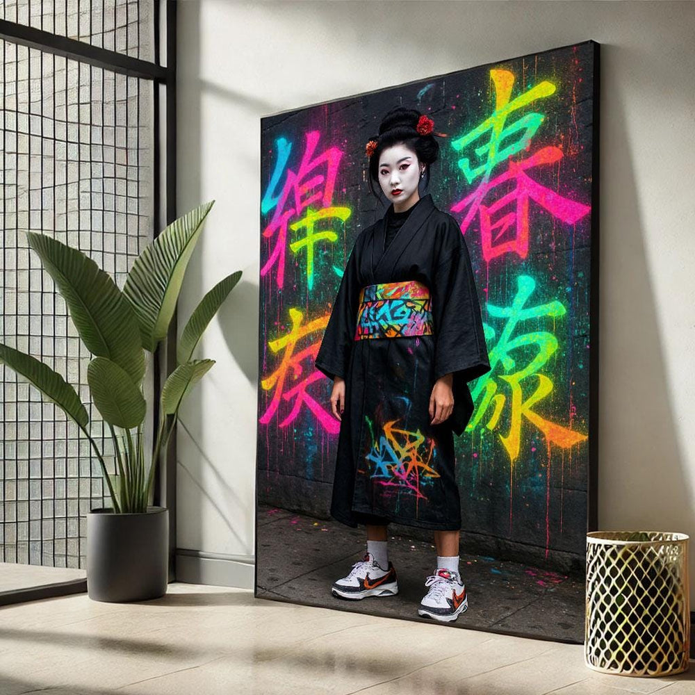 Geisha Street Art Canvas Print, Neon Japanese Decor