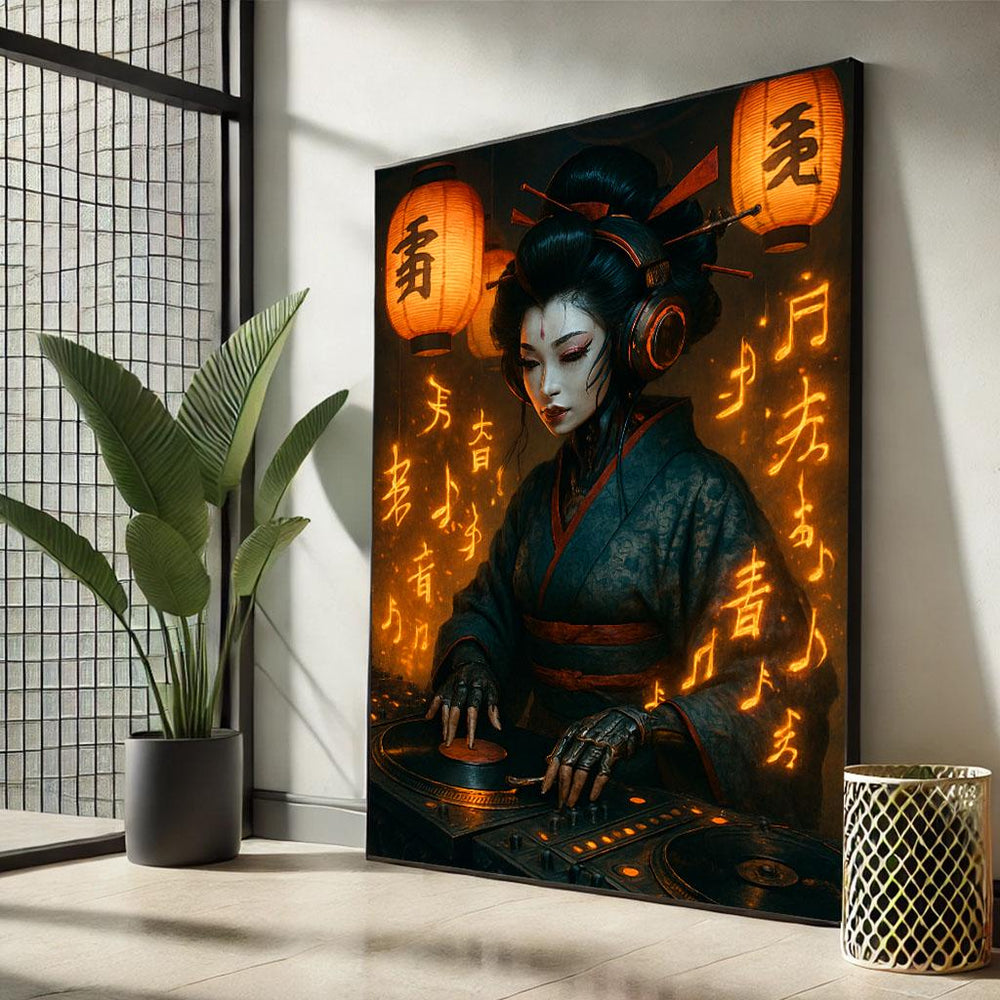 Majestic Geisha DJ Canvas Wall Art Print  Japanese Style Living Room Decor  Statement Piece