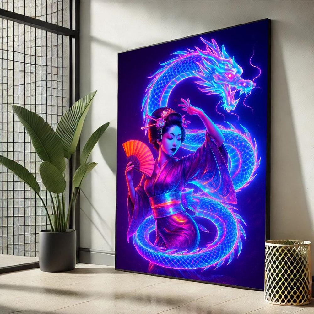 Neon Geisha Dragon Canvas Print, Japanese Style Wall Art