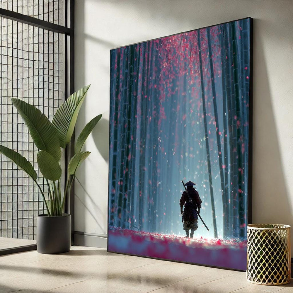 Samurai in Cherry Blossom Forest Canvas Print, Japanese Decor