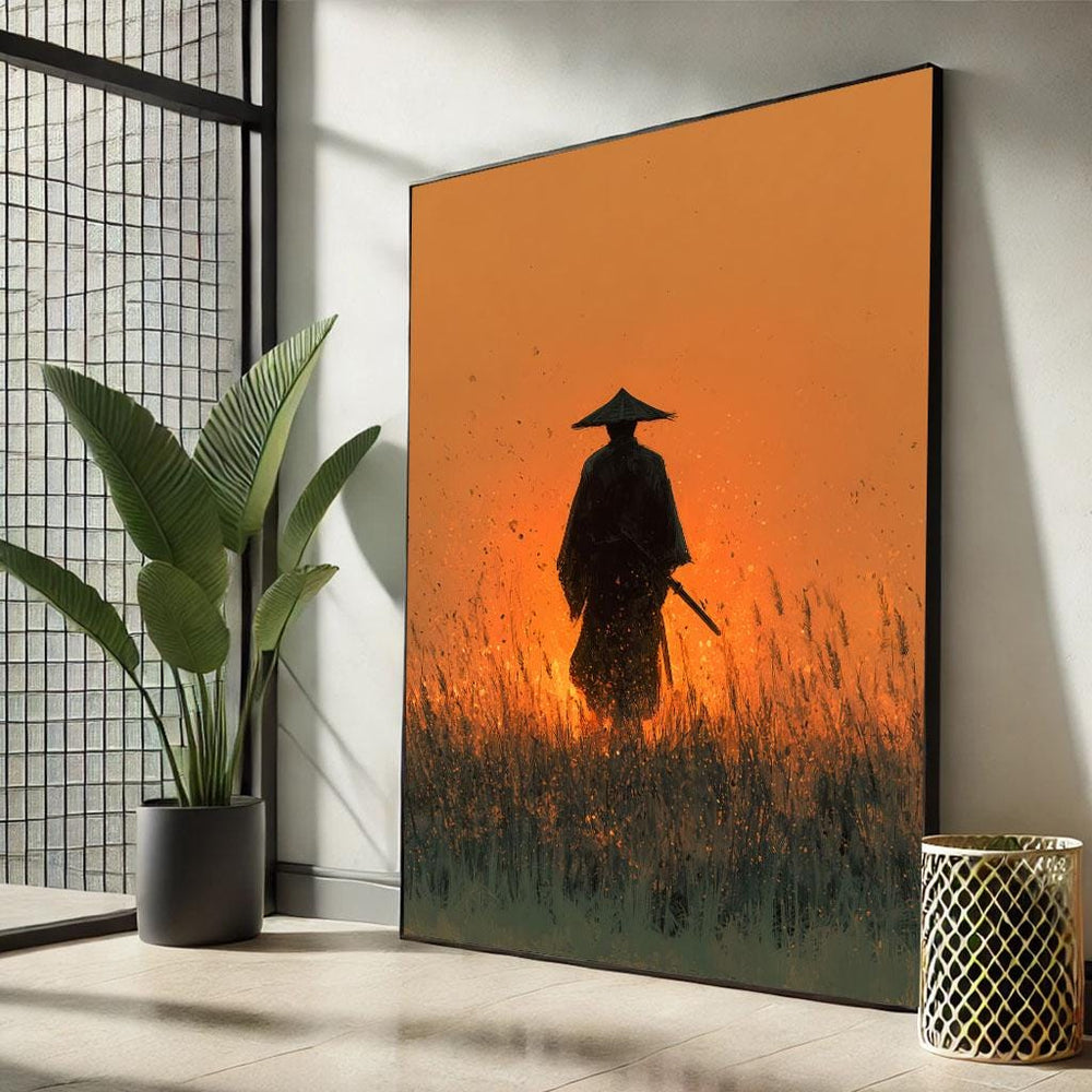 Samurai Silhouette Canvas Print, Orange Sunset Wall Art