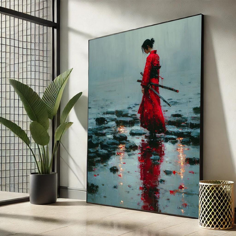 Samurai in Red Kimono Canvas Print: Modern Zen Decor
