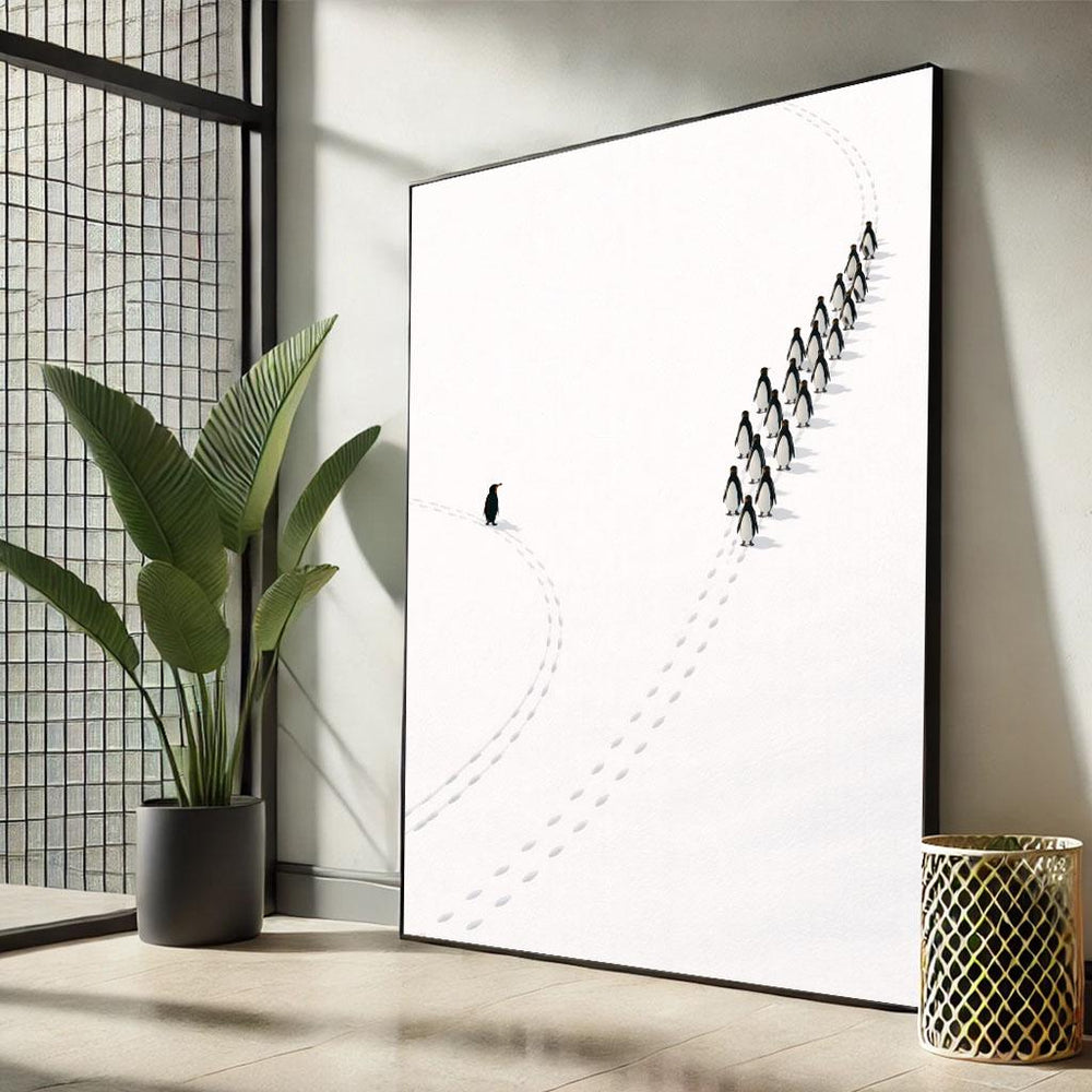 Lonely Penguin Canvas Print: Minimalist Snow Landscape Wall Art