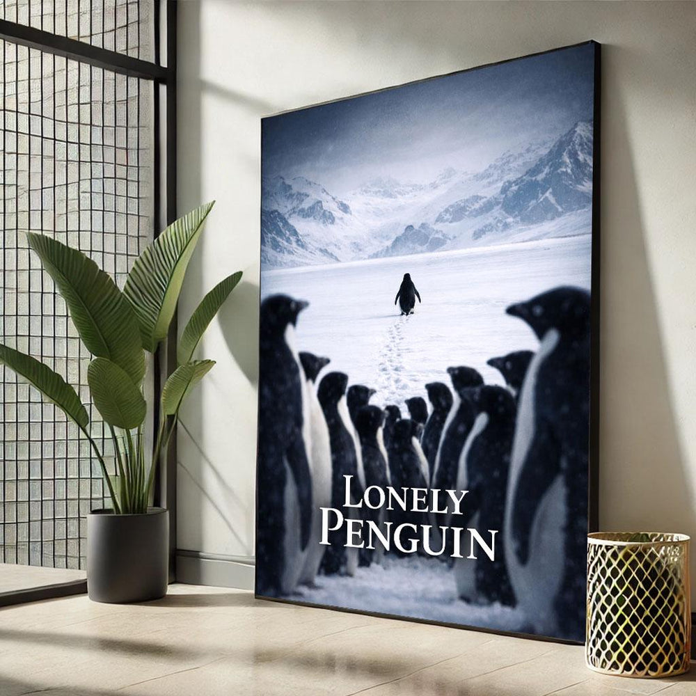 Lonely Penguin Canvas Print: Minimalist Snow Landscape Wall Art