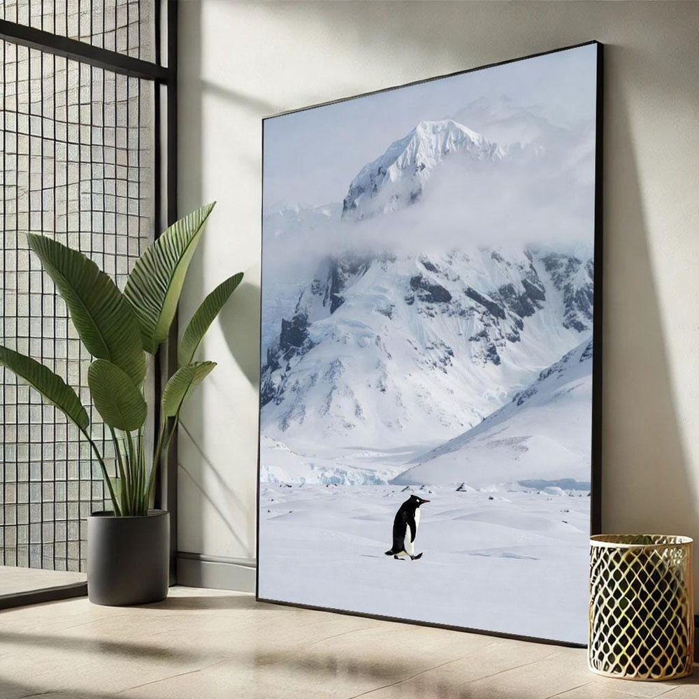 Penguin Canvas Print: Minimalist Snow Landscape, Modern Wall Art