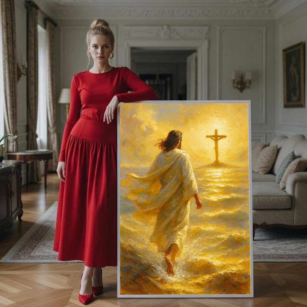 Jesus Walking on Water Canvas Print, Warm Gold Religious Wall Art