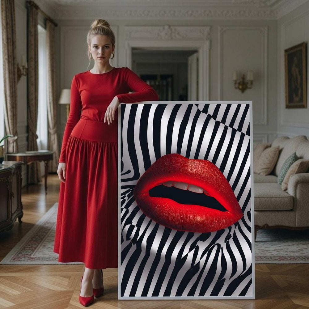 Red Lips Canvas Print: Zebra Pattern, Modern Glam Wall Art