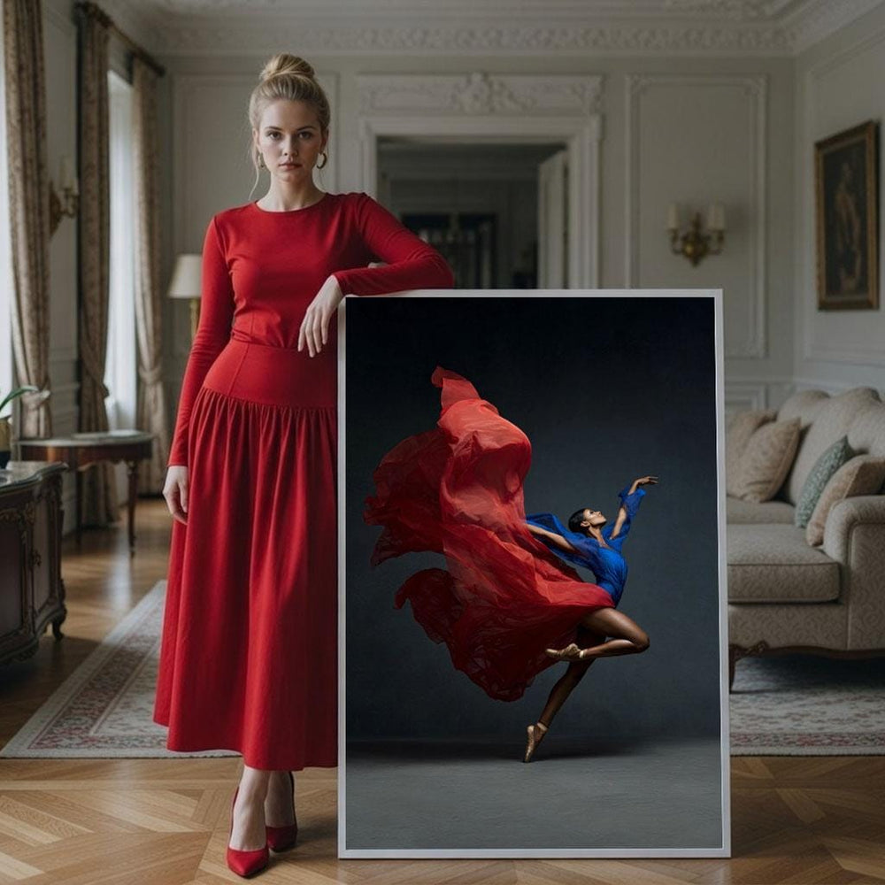 Elegant Dancer Canvas Print: Red and Blue Modern Wall Art