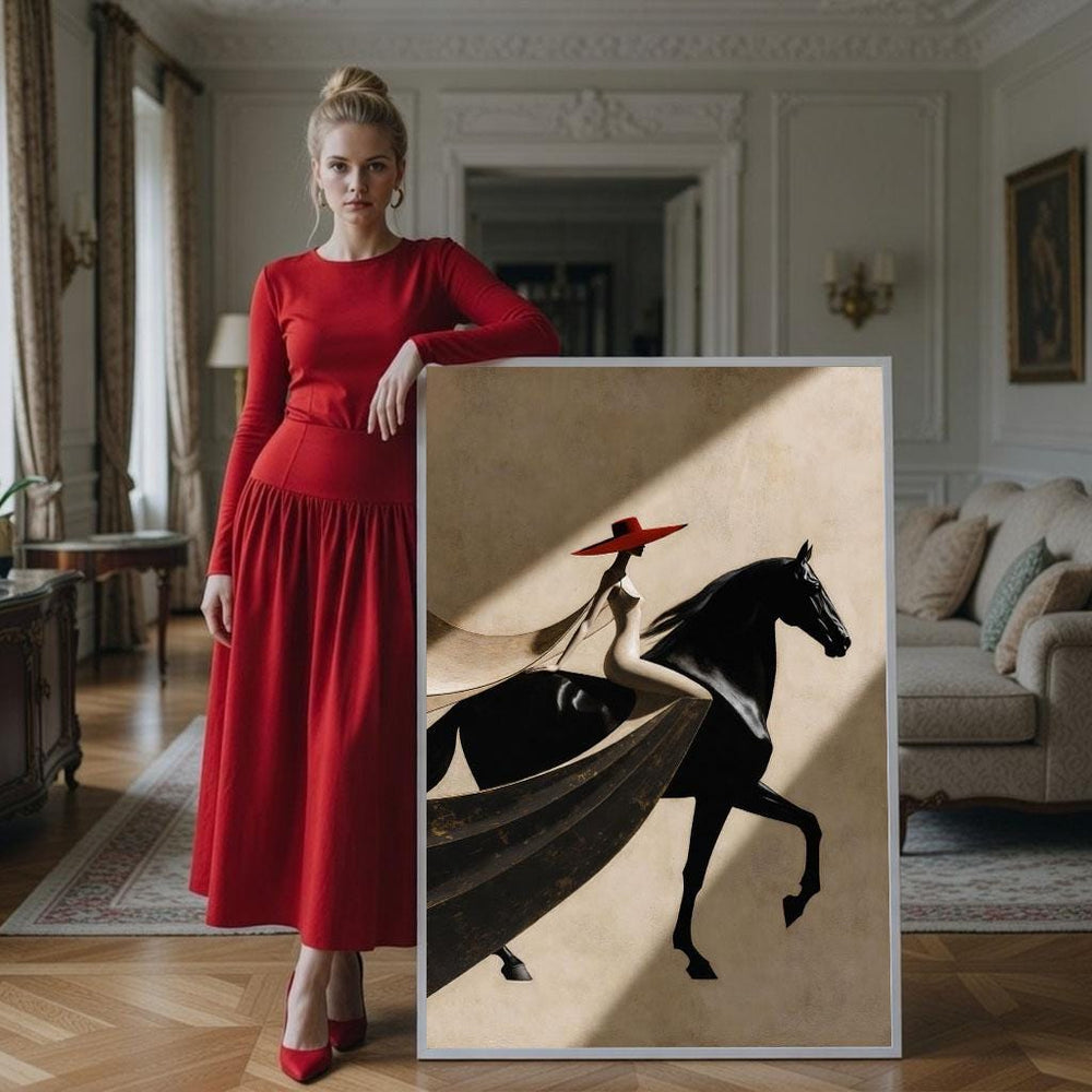 Woman Riding Horse Canvas Print: Red & Black Fashion Art