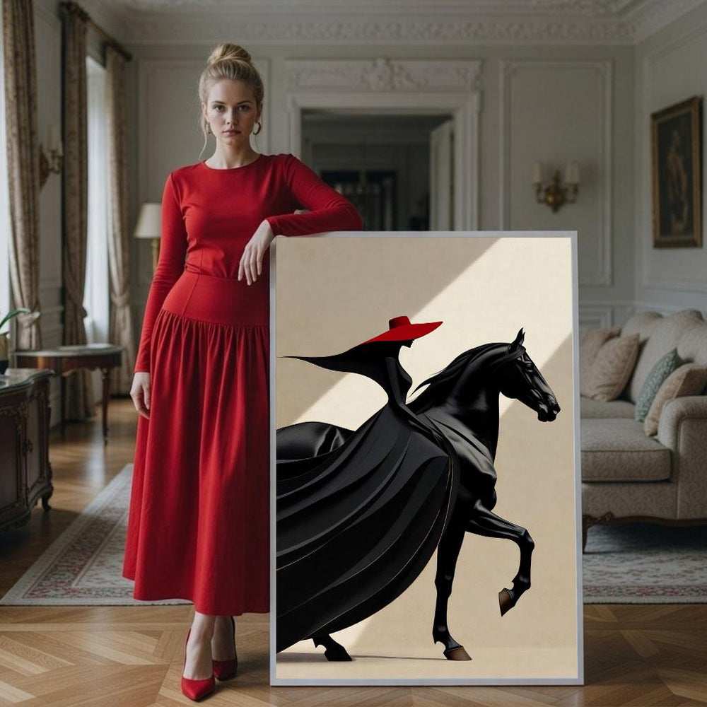 Woman in Red with Black Horse Canvas Art Print, Modern Decor
