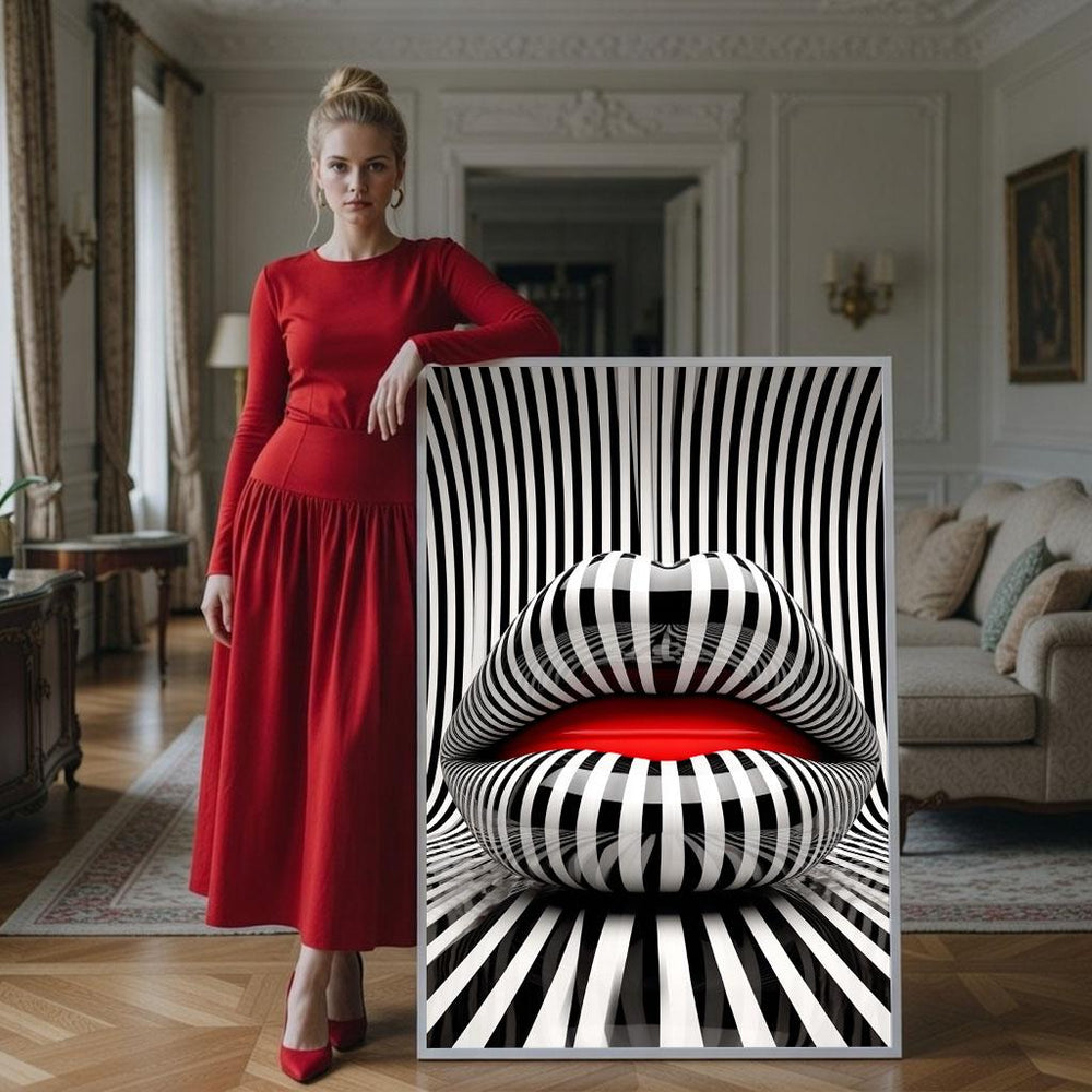 Red Lips Pop Art Canvas Print: Chic Black and White Decor