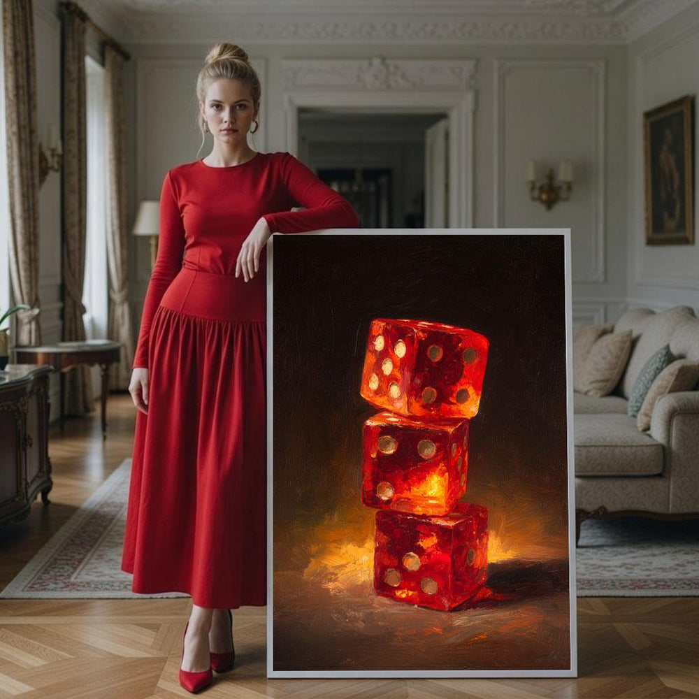 Woman in Red with Dice Canvas Print - Modern Living Room Art
