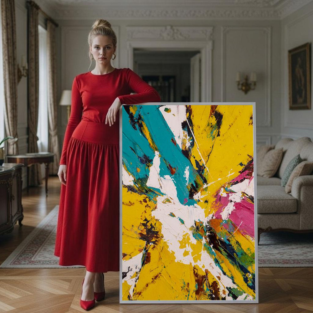 Vibrant Abstract Expressionist Canvas Print: Bold Yellow & Teal